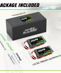 Package showing 2S LiPo Battery 1000mAh Seven Point Four Volt 50C With JST Connector For RC FPV Racing Drones Quadcopters Pack Of 2
