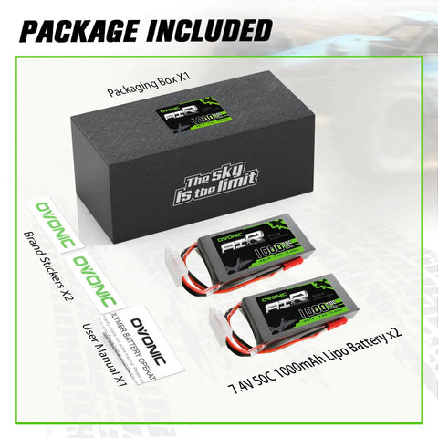 Package showing 2S LiPo Battery 1000mAh Seven Point Four Volt 50C With JST Connector For RC FPV Racing Drones Quadcopters Pack Of 2