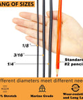 Comparison of Three Sixteenth Inch by Sixteen Foot Marine Grade Bungee Cord sizes with pencil for kayaks and paddling gear.