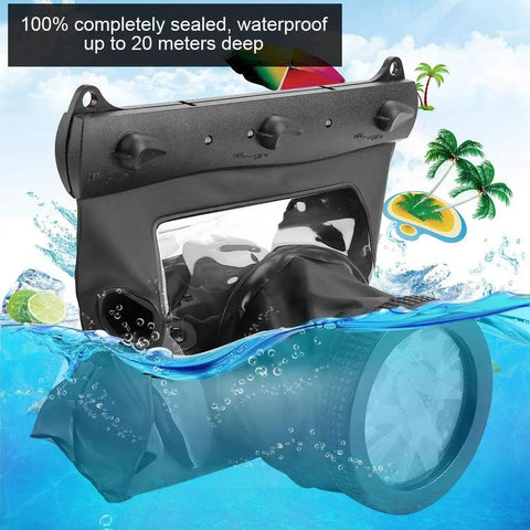 Underwater Camera Housing Case For DSLR And Mirrorless Cameras, 20 Meter Waterproof Deep Sea Protective Pouch in black for beach use.