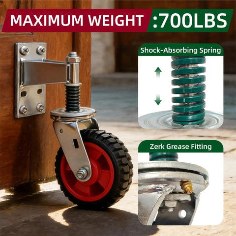 Heavy Duty 6 Inch Gate Wheel With Spring Loaded Shock Absorber Handles 700 Lbs mounted on gate with shock-absorbing spring.