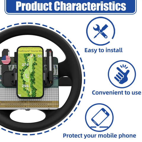 Heavy Duty Flip Up Golf Cart Steering Wheel Cell Phone Mount Fits Club Car EzGo Yamaha Carts With Scorecard Holder showing smartphone on steering wheel.
