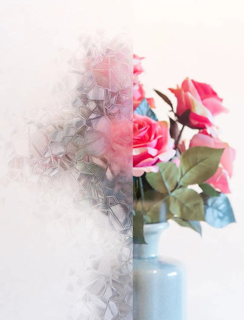 Self Adhesive Privacy Glass Window Film For Windows Doors Showers And Glass Surfaces Seventeen By Seventy Eight Inch Roll No Sweat Easy Peel And Stick With Adjustable Privacy Levels For Any Space partially obscuring a vase with pink flowers.