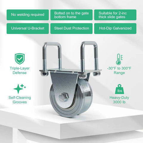Heavy Duty 4 Inch V Groove Gate Wheel Kit Built Tough With 3000 Lbs Capacity, dual bearing external mount bracket on display