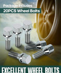 12x1.25 Wheel Lug Nuts Set, 28mm Shank, 20 Pieces, Silver Finish, Durable Steel Lug Bolts for Jeep Compass Cherokee Renegade Chrysler 200 Dodge Dart Fiat 500 and Similar Models, Easy Install displayed with multiple angles.