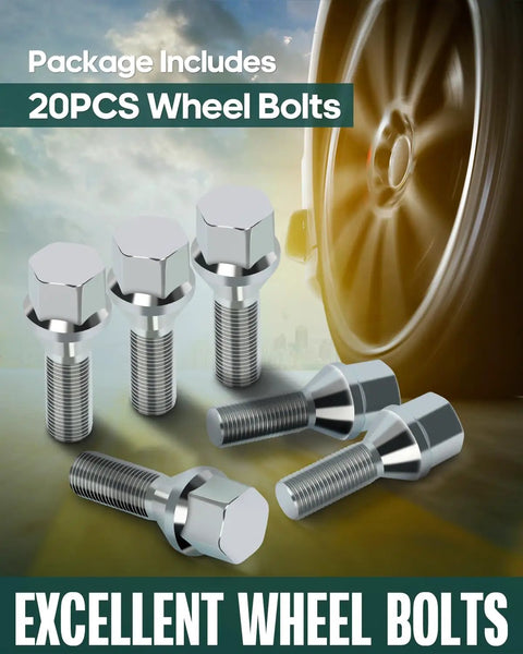 12x1.25 Wheel Lug Nuts Set, 28mm Shank, 20 Pieces, Silver Finish, Durable Steel Lug Bolts for Jeep Compass Cherokee Renegade Chrysler 200 Dodge Dart Fiat 500 and Similar Models, Easy Install displayed with multiple angles.