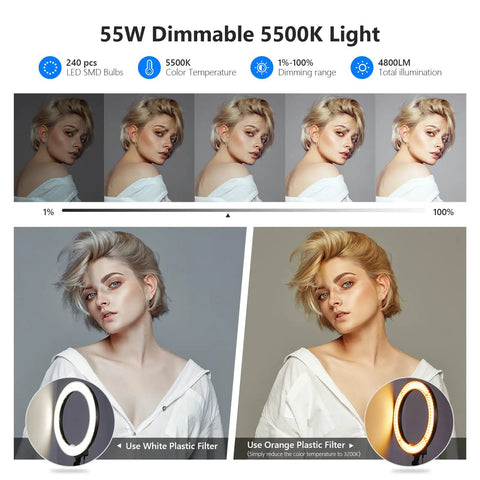 Dimmable 18 Inch LED Ring Light With 55W Output 5500K Daylight, 240 LEDs, color filters, dimming examples with model