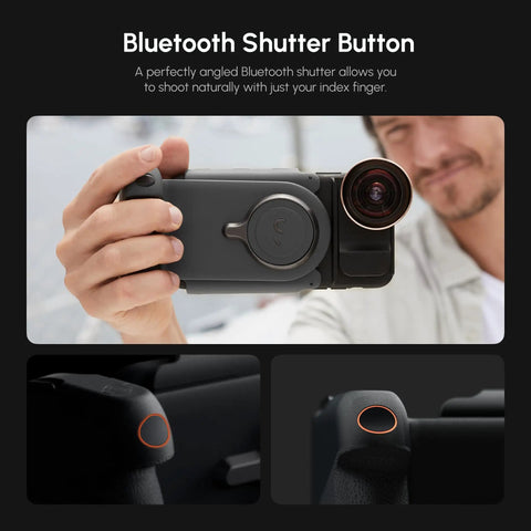 Person using DSLR Style Phone Battery Grip With Built In Power Bank And Qi Wireless Charging, Wireless Shutter Button in action.
