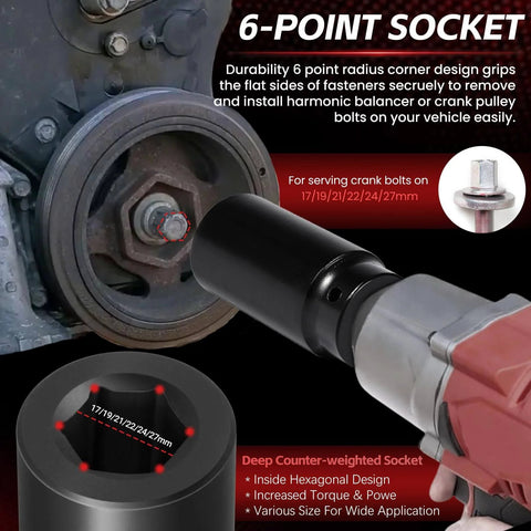 Half Inch Drive Crank Bolt Socket Set 17mm 19mm 21mm 22mm 24mm 27mm Deep Counterweighted Impact Sockets for crankshaft removal
