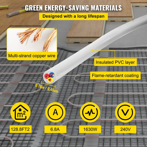 Underfloor Heating Cable Kit For Tile Floors 1630W 240V With Temperature Control Panel 425.8 Ft Long Covers 128.8 Sq Ft