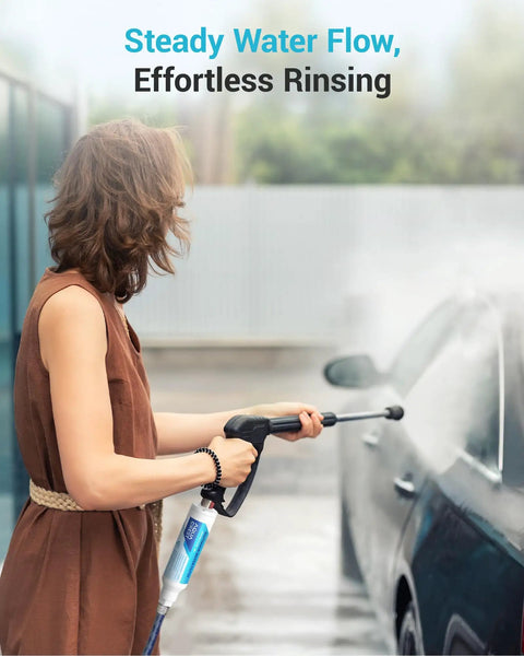 Person using Inline Water Filter Kit For Car Wash And Window Cleaning Pack Of 2 With Pro Grade Multi Stage Filtration on car