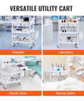 Medical Mobile Trolley Cart With 2 Drawers And 3 Trash Cans, featured in hospital, laboratory, dental clinic and beauty salon.