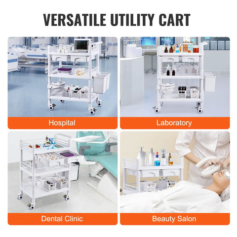 Medical Mobile Trolley Cart With 2 Drawers And 3 Trash Cans, featured in hospital, laboratory, dental clinic and beauty salon.