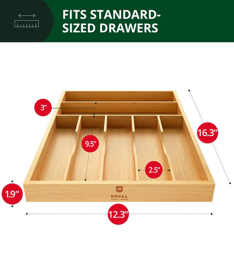 Premium Bamboo Utensil Rack And Silverware Organizer For Kitchen Drawers, 7 Slot Cutlery Tray With Grooved Dividers