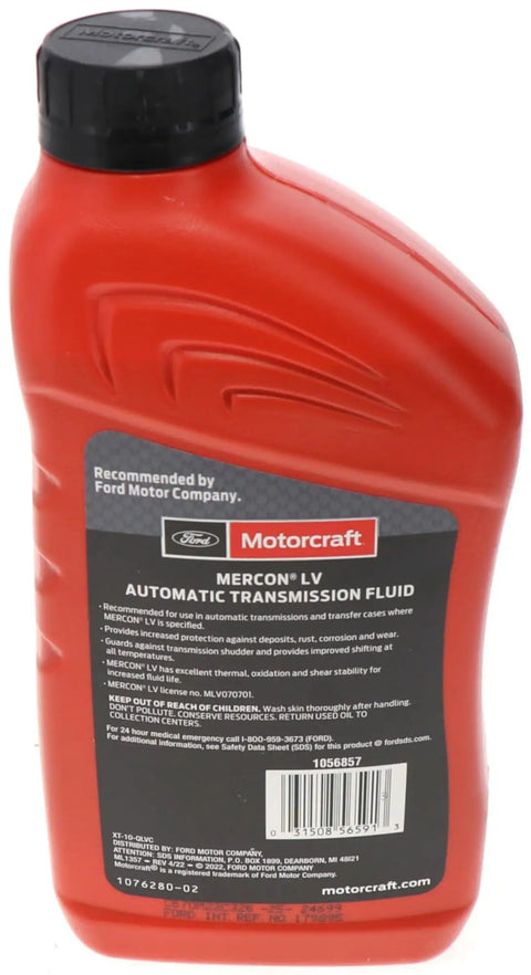 Back label of Mercon LV Automatic Transmission Fluid 1 Qt for electronically controlled transmissions, showing details.