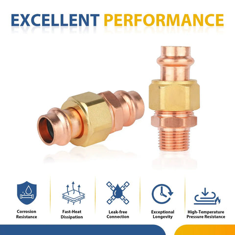 Pro-Grade 1 Inch Copper Press Union Fittings Lead Free Pack Of 30 Heavy Duty 300 PSI Copper Couplers close-up view with gold connector.