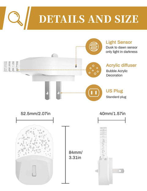 Cozy Amber Warm Night Light Two Pack Plug In Wall LED Night Lights With Dusk To Dawn Sensor 1800K size and features illustration