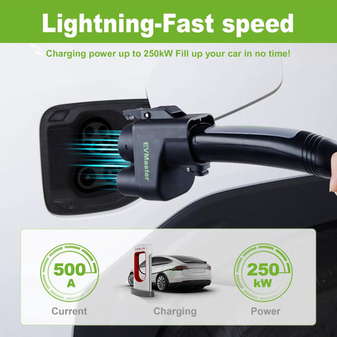 Heavy Duty Nacs To Ccs1 Ev Fast Charging Adapter 500A 1000V Dc Level 3 Converter charging a Tesla at a station.