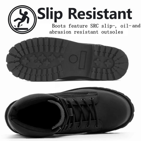 Sturdy Steel Toe Work Boots For Men And Women, Heat Resistant And Indestructible Safety Shoes For Construction And Outdoors, showing slip-resistant outsole