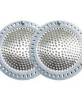 2 Pack Shower Drain Hair Catchers With Stainless Steel Mesh And Soft Silicone Edging For No Fuss Debris Capture 4.75 Inch Diameter Rust Resistant Fits Most US Shower Drains, showing both catchers.