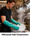 Heavy Duty 18 Inch Elbow Length Nitrile Chemical Resistant Gloves Tough As Nails Top Rated Hand Protection For Auto Mechanics Lab Techs Hazardous Fluid Splash Defense Size Large One Pair worn by a man washing dishes.