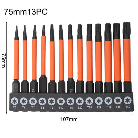 Must Have 3 Piece Torx Bit Set For T5 To T40 Impact Drivers With High Strength Alloy Steel And Shock Absorbing Torsion Design For Professional Jobs, 75mm 13-piece bit holder