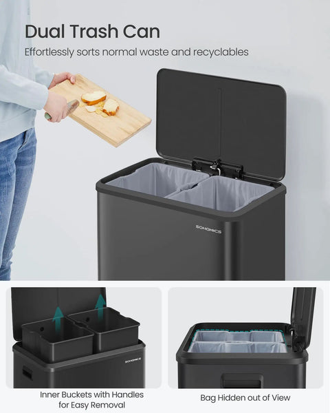 Two Compartment 8 Gallon Stainless Steel Trash Can With Soft Close Lid, Dual 30 Liter Bins For Recycling And Waste, Wide Sturdy Pedal, Inner Buckets, Ink Black Kitchen Organizer in kitchen setting