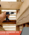 Person using Six Inch Long Torx Bit Set T7 To T40 Magnetic Security Tamper Proof Star Bits with impact drill on wooden beams