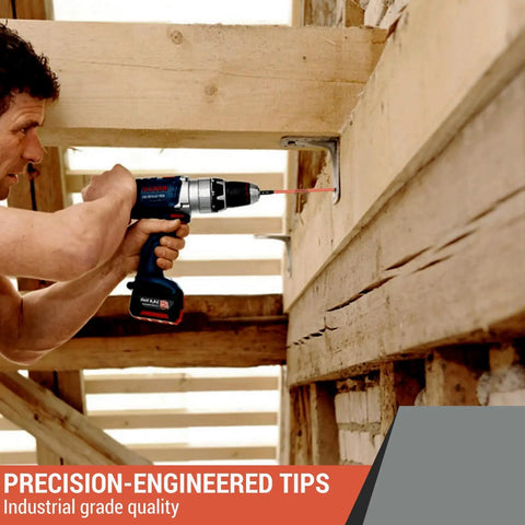 Person using Six Inch Long Torx Bit Set T7 To T40 Magnetic Security Tamper Proof Star Bits with impact drill on wooden beams