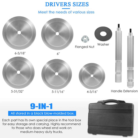 Truck Hub Seal Installer Kit Fits Class 7 And Class 8 Rigs Trailers And Some Medium Duty Trucks 5 Piece Set with carry case