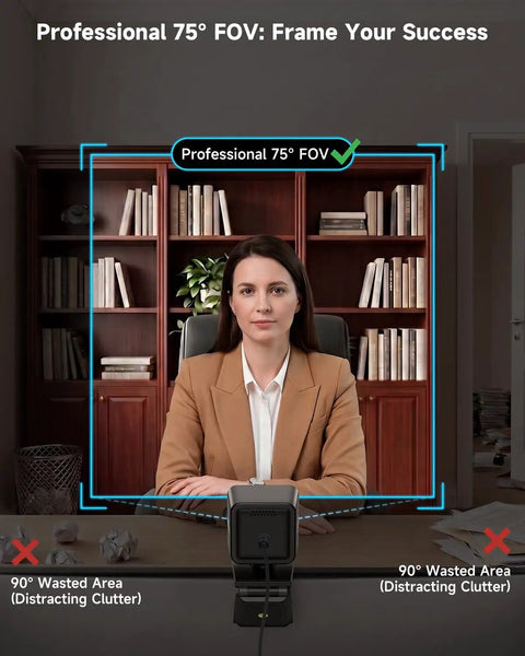 Crisp 4K Webcam Featuring Sony IMX363 Sensor And Breezy 60 FPS Streaming For PC Gaming And Home Office Use With Quick Phase Detection Auto Focus To Keep Your Video Clean During Livestreams Or Remote Calls Without Pixelation Draining Your Vibe showing a professional setup with 75° FOV for clear framing.