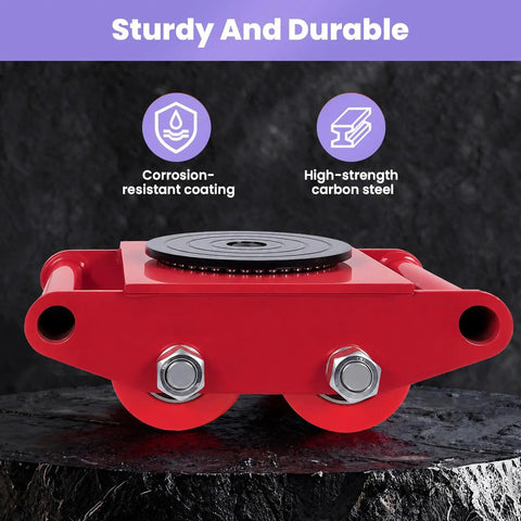 Premium Machinery Skate Dolly 17636 Lb Heavy Duty Steel Mover With Silent Non-Slip PU Wheels For Workshops And Warehouses That Glide Smoothly, showing red steel frame and wheels.