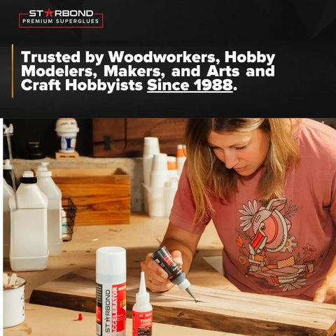 Thick CA Glue Refill Kit 16 Oz For Woodworking And DIY Projects On Your Workbench Bulk Refills With Extra Bottles Caps Microtips Yorker Spout Gap Filler Cyanoacrylate For Carpentry Hobby Models And Archery Fletching woman using thick CA glue on a wood board