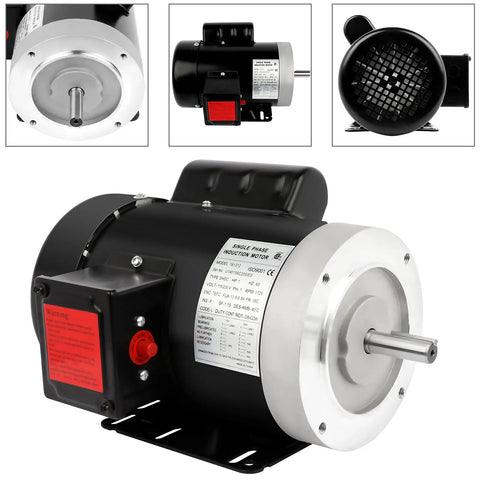 One HP Electric Motor 1750 RPM General Purpose Single Phase 56C Frame TEFC IP55 Garage Ready Dual Voltage shown in four angles