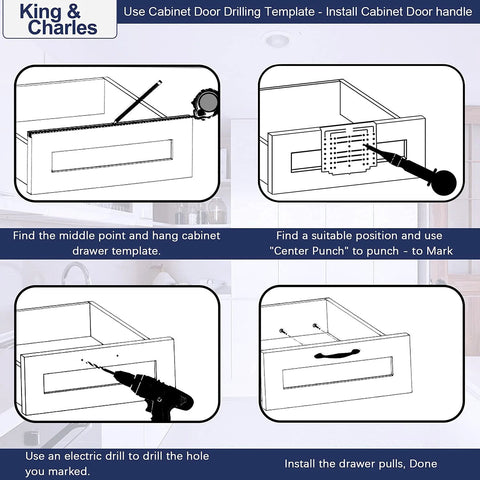 Illustration of Cabinet Hardware Template With Center Punch Kit for marking and drilling holes on drawers and doors.