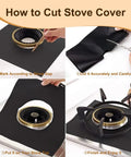Steps to customize Two Pack 21 Inch Silicone Stove Gap Covers for gas burners, showing cutting and fitting process on stovetop.