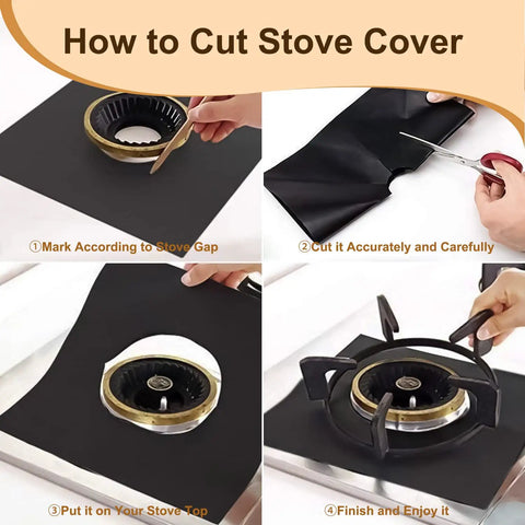 Steps to customize Two Pack 21 Inch Silicone Stove Gap Covers for gas burners, showing cutting and fitting process on stovetop.