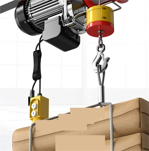 Super Handy Mini Electric Hoist Winch For Garage Work Perfect Small Lifting Crane With Motor Driven Control Device Rope Drum and Wire For Shop Transporting Heavy Gear Fast, showing motor and wire rope.