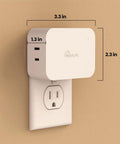 White Smart Dimmer Plug For Dimmable Lamps And Lights, 300W Max, Dual Outlets, dimensions 3.3 x 2.3 x 1.3 inch, wall-mounted.