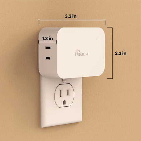 White Smart Dimmer Plug For Dimmable Lamps And Lights, 300W Max, Dual Outlets, dimensions 3.3 x 2.3 x 1.3 inch, wall-mounted.