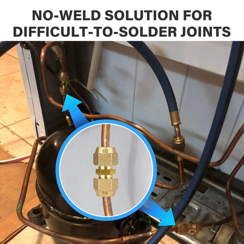 Top Shelf 2 Pack 1/4 Inch Flare Nut Kit Solid Copper Pipe Extension Joint Connectors on refrigeration lines.