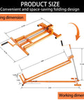 Livoccur Lawn Mower Lift Jack Heavy Duty Platform 882 Lbs Capacity For Garden Tractors dimensions diagram showing folding and working sizes.
