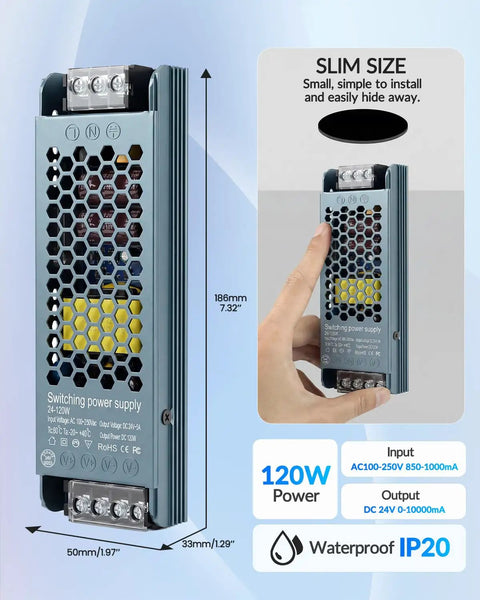 Tough As Nails Heavy Duty 120W 24V LED Power Supply Driver For Strip Lights CCTV Computers And Displays With 100-240V AC Input And 24V DC Output Aluminum Heat Sink For Solid Heat Dissipation IP20 Rated slim 186mm power supply