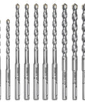 Front view of 10-piece SDS Plus drill bit set, carbide-tipped for concrete, diameters 3/16 in to 1/2 in, DKBIRTH