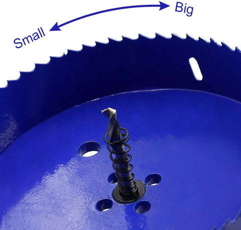 Close-up of 6.3 Inch Hole Saw Kit With Hex Shank Drill Bit Adapter Bi Metal HSS Cutter teeth and drill bit spring mechanism.