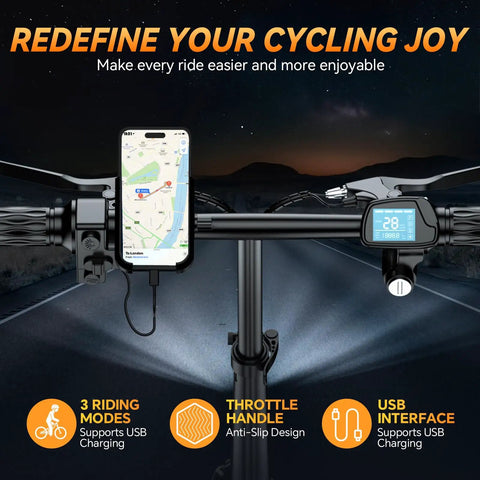 Beast Of A Foldable Electric Bike For Adults handlebars with digital display and phone mount, 1000W Peak, 750W Motor, 28 MPH Top Speed