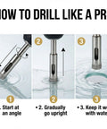 Three-step guide using Diamond Drill Bit Set For Glass Tile And Porcelain Five Piece Kit to drill a hole in glass surface.