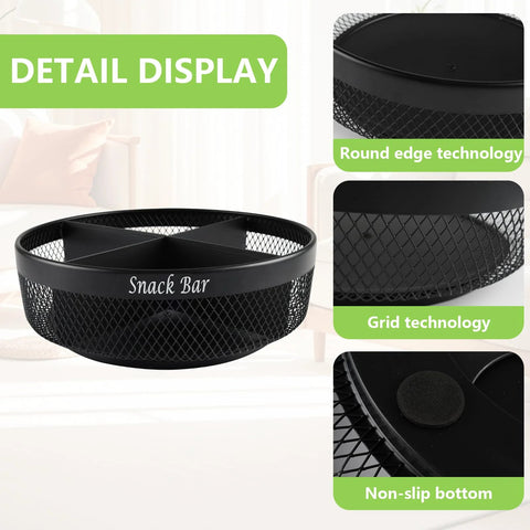 Front view of Xbopetda round black metal snack organizer with four compartments on countertop