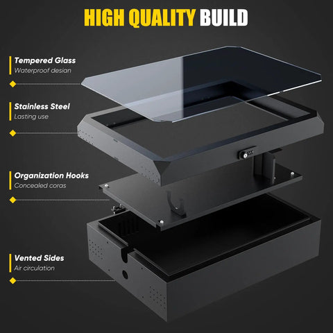 Tough Wall Mount EV Charger Cover For Your Daily Plug In Rig, Heavy Duty Outdoor Shell With Dual Key Combo Lock, Universal Fit For Tesla And Most Charging Stations, Weather Beater Design, Matte Black, showing separated components including tempered glass and stainless steel.