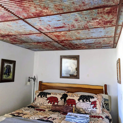 Bedroom with Ridged Metal PVC 2x2 Lay In Ceiling Tile For Quick Ceiling Makeover Adds Crisp Design And Stunning Finish Fits 15/16 In Grid Fire Rated Class A Covers 40 Sq Ft 10 Piece Old Tin Roof Style installed